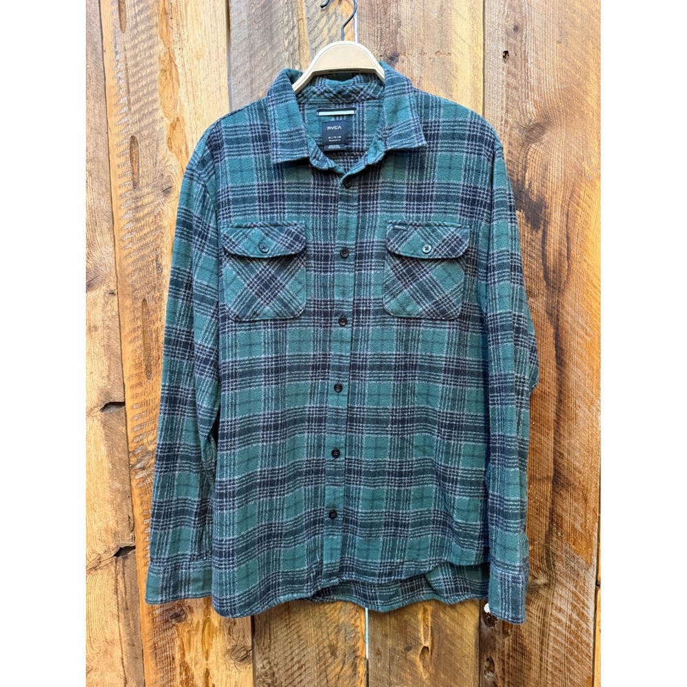RVCA Mens XL Plaid Flannel Shirt Green Black Workwear Outdoors Grunge Rugged
